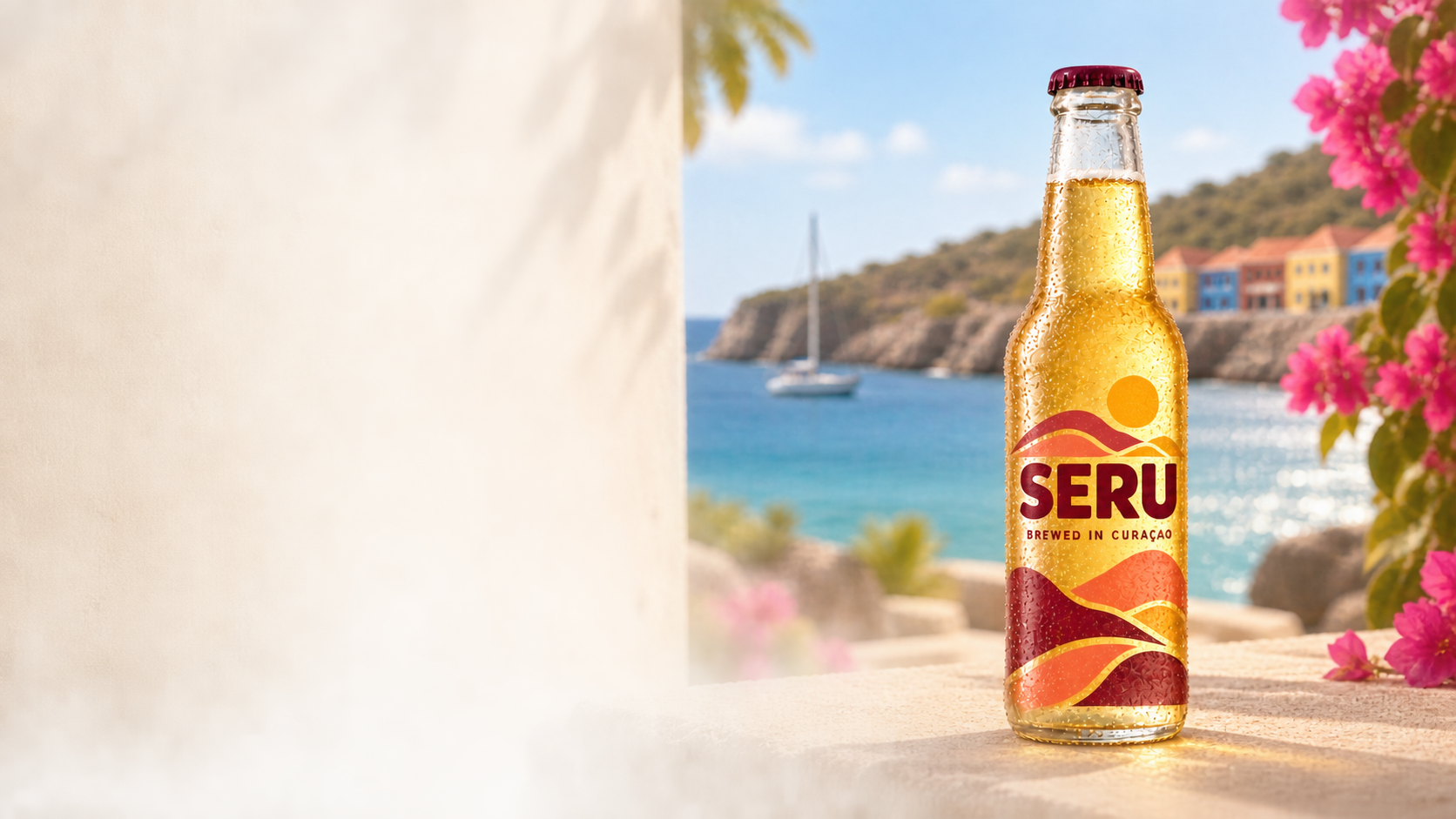 SERU Original, a clear bottle with burgundy and coral island artwork
